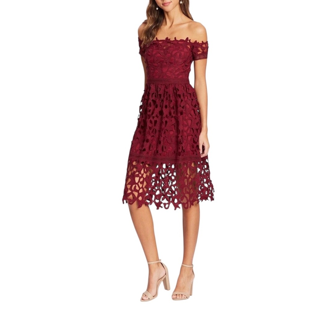Chi Chi London Dress Off Shoulder Lace Lizana Burgandy Red Size 10
